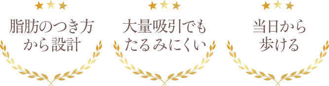 脂肪のつき方から設計／大量吸引でもたるみにくい／当日から歩ける